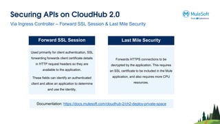 Securing APIs on CloudHub 2.0
Via Ingress Controller – Forward SSL Session & Last Mile Security
Documentation: https://docs.mulesoft.com/cloudhub-2/ch2-deploy-private-space
Forward SSL Session
Used primarily for client authentication, SSL
forwarding forwards client certificate details
in HTTP request headers so they are
available to the application.
These fields can identify an authenticated
client and allow an application to determine
and use the identity.
Last Mile Security
Forwards HTTPS connections to be
decrypted by the application. This requires
an SSL certificate to be included in the Mule
application, and also requires more CPU
resources.
 
