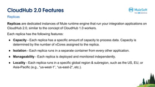 CloudHub 2.0 Features
Replicas are dedicated instances of Mule runtime engine that run your integration applications on
CloudHub 2.0, similar to the concept of CloudHub 1.0 workers.
Each replica has the following features:
● Capacity - Each replica has a specific amount of capacity to process data. Capacity is
determined by the number of vCores assigned to the replica.
● Isolation - Each replica runs in a separate container from every other application.
● Manageability - Each replica is deployed and monitored independently.
● Locality - Each replica runs in a specific global region & subregion, such as the US, EU, or
Asia-Pacific (e.g., “us-west-1”, “us-east-2”, etc.).
Replicas
 