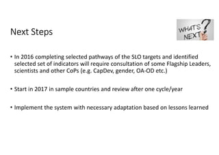 Towards Operationalizing the SRF with a Suite of Indicators within a Monitoring, Evaluation and Learning Framework