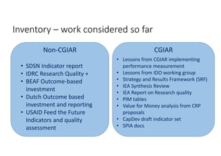 Towards Operationalizing the SRF with a Suite of Indicators within a Monitoring, Evaluation and Learning Framework