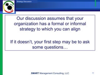 Strategy Discussion




   Our discussion assumes that your
  organization has a formal or informal
     strategy to which you can align

If it doesn’t, your first step may be to ask
             some questions…




                     SMART Management Consulting, LLC   11
 