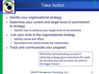 Take Action

   Identify your organizational strategy
   Determine your current and target level of commitment
    to strategy
    • Identify how to achieve your target level of commitment
   Link your work to the organizational strategy
    • Identify cause and effect
    • Document and communicate the relationship
   Track and communicate your progress
                           Effectively communicating our part in
                           achieving strategy gives meaning to the work
                           we do every day and connects our work to
                           the larger mission


                    SMART Management Consulting, LLC                      24
 
