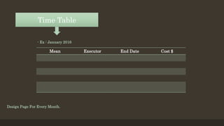 - Ex : January 2016
Design Page For Every Month.
Time Table
Mean Executor End Date Cost $
 