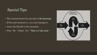 Special Tips
• The constant factor for any plan is Re-planning.
• If You can’t measure it , you can’t manage it.
• Leave the Details to the executors.
• Plan - Do - Check - Act “ Take it a Life style “
 
