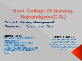 SUBMITTED TO
DR. MRS. UMA SHENDEY
PROFESSOR
DEPARTMENT OF CHILD
HEALTH NURSING
GOVERNMENT COLLEGE OF
NURSING RAJNANDGAON
(C.G.)
SUBMITTED BY
MRS. TIKESHWARI SAHU
M.Sc. NURSING 2ND YEAR
GOVERNMENT COLLEGE OF
NURSING RAJNANDGAON
(C.G.)
 