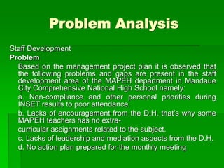 Problem Analysis
Staff Development
Problem
Based on the management project plan it is observed that
the following problems and gaps are present in the staff
development area of the MAPEH department in Mandaue
City Comprehensive National High School namely:
a. Non-compliance and other personal priorities during
INSET results to poor attendance.
b. Lacks of encouragement from the D.H. that’s why some
MAPEH teachers has no extra-
curricular assignments related to the subject.
c. Lacks of leadership and mediation aspects from the D.H.
d. No action plan prepared for the monthly meeting
 