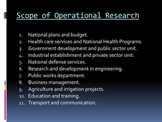 Scope of Operational Research

1.    National plans and budget.
2.    Health care services and National Health Programs.
3.    Government development and public sector unit.
4.    Industrial establishment and private sector unit.
5.    National defense services.
6.    Research and development in engineering.
7.    Public works department.
8.    Business management.
9.    Agriculture and irrigation projects.
10.   Education and training.
11.   Transport and communication.
 