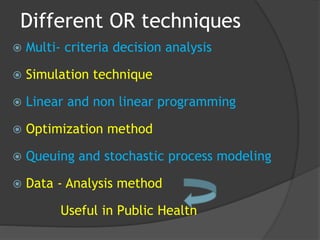 Different OR techniques
 Multi- criteria decision analysis
 Simulation technique
 Linear and non linear programming
 Optimization method
 Queuing and stochastic process modeling
 Data - Analysis method
Useful in Public Health
 