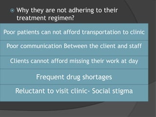  Why they are not adhering to their
treatment regimen?
 .
 .Poor communication Between the client and staff
Poor patients can not afford transportation to clinic
Clients cannot afford missing their work at day
Reluctant to visit clinic- Social stigma
Frequent drug shortages
 