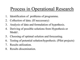 Process in Operational Research
1. Identification of problems of programme.
2. Collection of data. (If neccessary)
3. Anal...