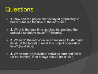 Questions
 1. How can the project be displayed graphically to
better visualize the flow of the activities?
 2. What is the total time required to complete the
project if no delays occur? (44weeks)
 3. When do the individual activities need to start and
finish (at the latest) to meet this project completion
time? (next slide)
 4. When can the individual activities start and finish
(at the earliest) if no delays occur? (next slide)
 