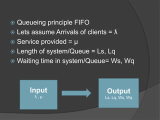  Queueing principle FIFO
 Lets assume Arrivals of clients = ƛ
 Service provided = µ
 Length of system/Queue = Ls, Lq
 Waiting time in system/Queue= Ws, Wq
Input
ƛ , µ
Output
Ls, Lq, Ws, Wq
 