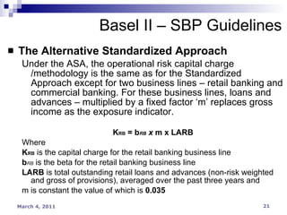 The Alternative Standardized Approach Under the ASA, the operational risk capital charge /methodology is the same as for the Standardized Approach except for two business lines – retail banking and commercial banking. For these business lines, loans and advances – multiplied by a fixed factor ‘m’ replaces gross income as the exposure indicator. K RB  = b RB  x  m x LARB Where K RB   is the capital charge for the retail banking business line b RB   is the beta for the retail banking business line LARB  is total outstanding retail loans and advances (non-risk weighted and gross of provisions), averaged over the past three years and m is constant the value of which is  0.035 Basel II – SBP Guidelines 