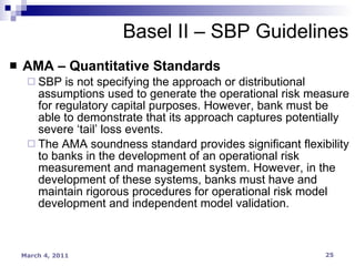 AMA – Quantitative Standards SBP is not specifying the approach or distributional assumptions used to generate the operational risk measure for regulatory capital purposes. However, bank must be able to demonstrate that its approach captures potentially severe ‘tail’ loss events. The AMA soundness standard provides significant flexibility to banks in the development of an operational risk measurement and management system. However, in the development of these systems, banks must have and maintain rigorous procedures for operational risk model development and independent model validation. Basel II – SBP Guidelines 