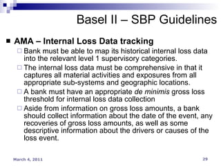 AMA – Internal Loss Data tracking Bank must be able to map its historical internal loss data into the relevant level 1 supervisory categories. The internal loss data must be comprehensive in that it captures all material activities and exposures from all appropriate sub-systems and geographic locations. A bank must have an appropriate  de minimis  gross loss threshold for internal loss data collection Aside from information on gross loss amounts, a bank should collect information about the date of the event, any recoveries of gross loss amounts, as well as some descriptive information about the drivers or causes of the loss event. Basel II – SBP Guidelines 