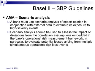 AMA – Scenario analysis A bank must use scenario analysis of expert opinion in conjunction with external data to evaluate its exposure to high-severity events. Scenario analysis should be used to assess the impact of deviations from the correlation assumptions embedded in the bank’s operational risk measurement framework, in particular, to evaluate potential losses arising from multiple simultaneous operational risk loss events Basel II – SBP Guidelines 