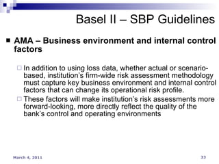 AMA – Business environment and internal control factors In addition to using loss data, whether actual or scenario-based, institution’s firm-wide risk assessment methodology must capture key business environment and internal control factors that can change its operational risk profile. These factors will make institution’s risk assessments more forward-looking, more directly reflect the quality of the bank’s control and operating environments Basel II – SBP Guidelines 