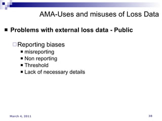 Problems with external loss data - Public Reporting biases misreporting  Non reporting  Threshold Lack of necessary details AMA-Uses and misuses of Loss Data 