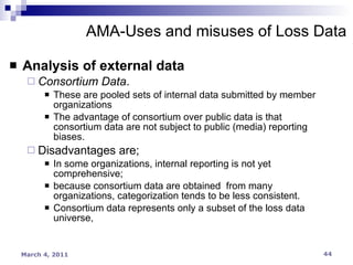 Analysis of external data Consortium Data .  These are pooled sets of internal data submitted by member organizations The advantage of consortium over public data is that consortium data are not subject to public (media) reporting biases. Disadvantages are; In some organizations, internal reporting is not yet comprehensive; because consortium data are obtained  from many organizations, categorization tends to be less consistent. Consortium data represents only a subset of the loss data universe, AMA-Uses and misuses of Loss Data 