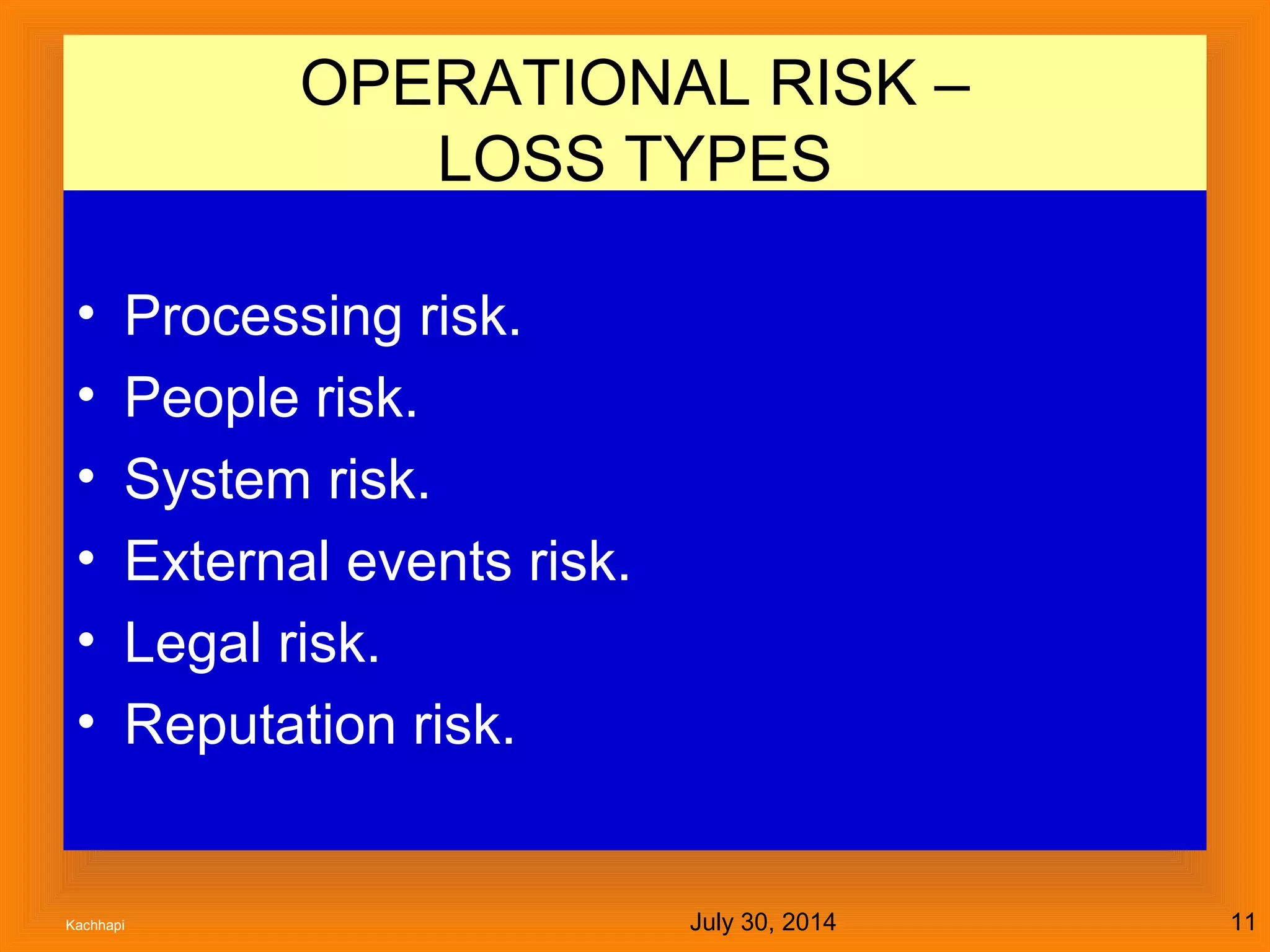 July 30, 2014Kachhapi 11
OPERATIONAL RISK –
LOSS TYPES
• Processing risk.
• People risk.
• System risk.
• External events risk.
• Legal risk.
• Reputation risk.
 