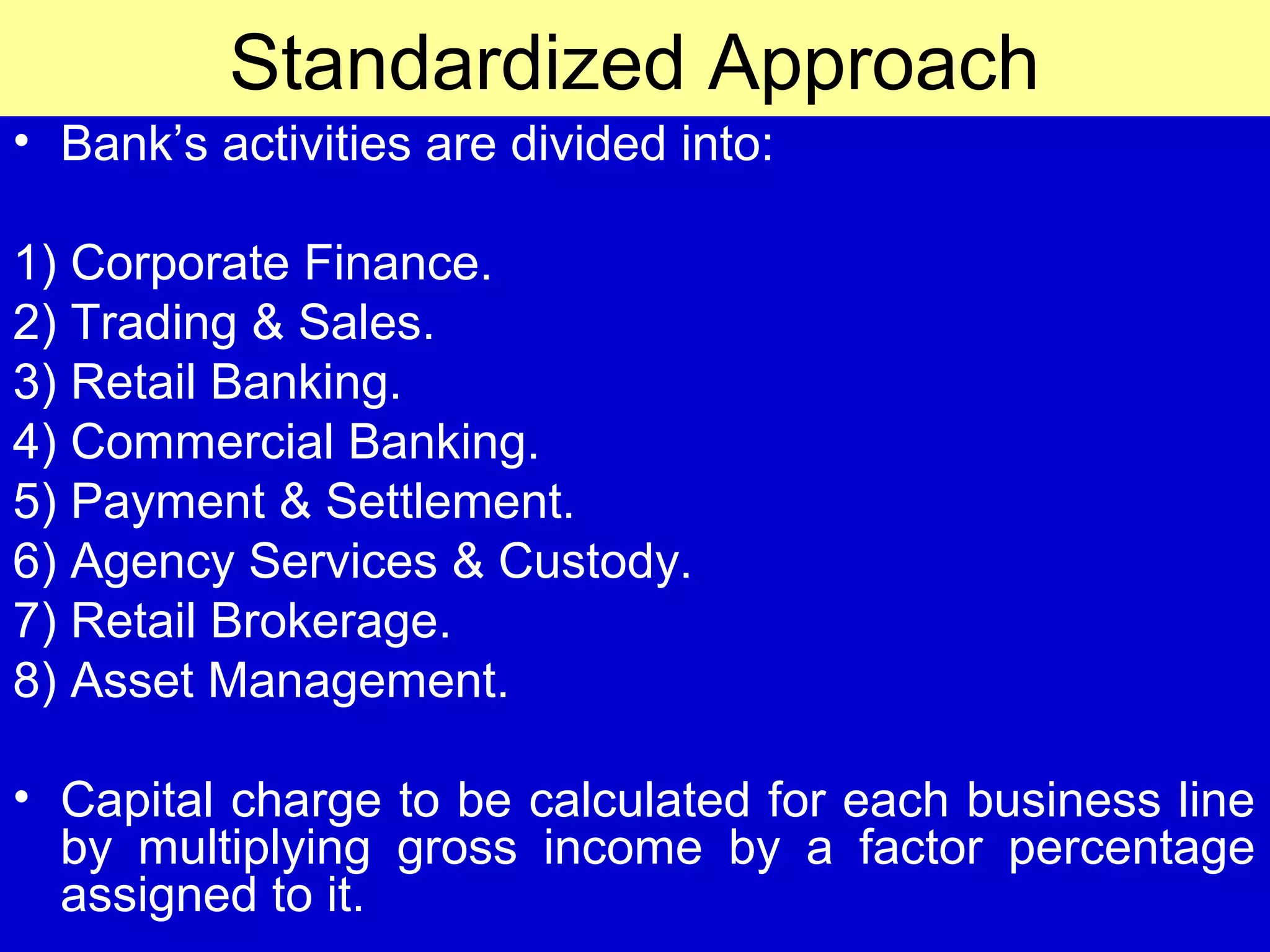 July 30, 2014Kachhapi 22
Standardized Approach
• Bank’s activities are divided into:
1) Corporate Finance.
2) Trading & Sales.
3) Retail Banking.
4) Commercial Banking.
5) Payment & Settlement.
6) Agency Services & Custody.
7) Retail Brokerage.
8) Asset Management.
• Capital charge to be calculated for each business line
by multiplying gross income by a factor percentage
assigned to it.
 