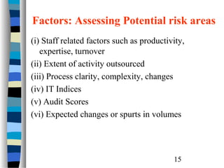 Factors: Assessing Potential risk areas
(i) Staff related factors such as productivity,
expertise, turnover
(ii) Extent of activity outsourced
(iii) Process clarity, complexity, changes
(iv) IT Indices
(v) Audit Scores
(vi) Expected changes or spurts in volumes

15

 