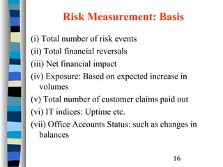 Risk Measurement: Basis
(i) Total number of risk events
(ii) Total financial reversals
(iii) Net financial impact
(iv) Exposure: Based on expected increase in
volumes
(v) Total number of customer claims paid out
(vi) IT indices: Uptime etc.
(vii) Office Accounts Status: such as changes in
balances
16

 