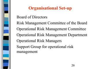 Organisational Set-up
Board of Directors
Risk Management Committee of the Board
Operational Risk Management Committee
Operational Risk Management Department
Operational Risk Managers
Support Group for operational risk
management
20

 
