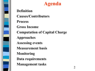 Agenda
Definition
Causes/Contributors
Process
Gross Income
Computation of Capital Charge
Approaches
Assessing events
Measurement basis
Monitoring
Data requirements
Management tasks

2

 