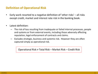Definition of Operational Risk

      • Early work resorted to a negative definition of 'other risks' – all risks
        except credit, market and interest rate risk in the banking book.

      • Latest definition:
           – The risk of loss resulting from inadequate or failed internal processes, people
             and systems or from external events, including those adversely affecting
             reputation, legal enforcement of contracts and claims.
           – Excludes strategic, business and systemic risk. However they are often
             captured simply as operational risk.


                  Operational Risk ≠ Total Risk – Market Risk – Credit Risk




8/3/2012                                                                                       9
 