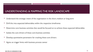 UNDERSTANDING & MAPPING THE RISK LANDSCAPE 
 Understand the strategic intent of the organization in the short, medium or long term 
 Drill this into expected deliverables within the respective timeframes 
 Determine core business activities that would be focused on to achieve these expected deliverables 
 Isolate the core drivers of these core business activities 
 Develop quantitative parameters for tracking these core drivers 
 Agree on trigger limits with business process owner 
FBN CCPD, 2014 (ORGANIZED BY CIBN) 
15 
 