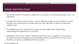 OPRISK IDENTIFICATION 
 This process entails the recognition, categorization, prioritization and enlisting of prevalent risks in the 
organization 
 It usually starts with the review of issues / concerns affecting a business process, product or service; 
thereafter close monitoring and tracking of key issues that might affect set goals and objectives is 
embarked upon 
 The identification of risks also allows for conduct of causal analysis which enables better 
understanding and categorization of risk drivers 
 Classification of risk drivers reduces redundancy and ensures easier management of risk factors in 
later phases of the risk management process; classifying risks also provides for the creation of risk 
checklists, risk registers, and databases for future projects 
FBN CCPD, 2014 (ORGANIZED BY CIBN) 
7 
 