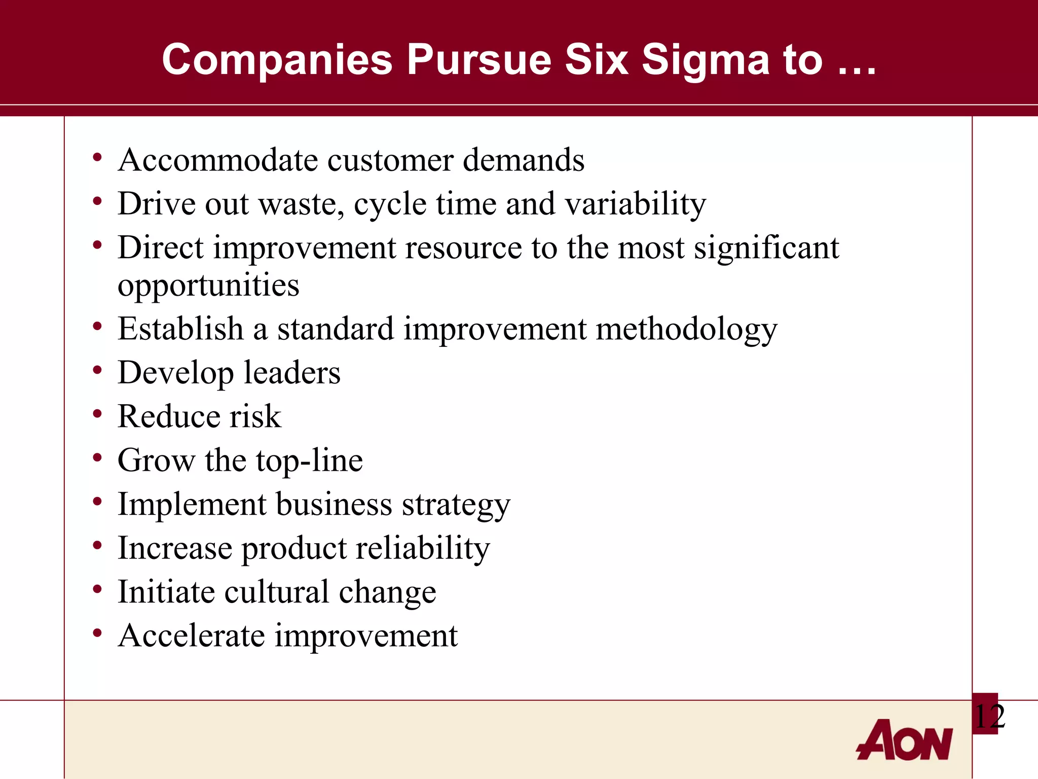 Companies Pursue Six Sigma to …
• Accommodate customer demands
• Drive out waste, cycle time and variability
• Direct improvement resource to the most significant
opportunities
• Establish a standard improvement methodology
• Develop leaders
• Reduce risk
• Grow the top-line
• Implement business strategy
• Increase product reliability
• Initiate cultural change
• Accelerate improvement
12

 
