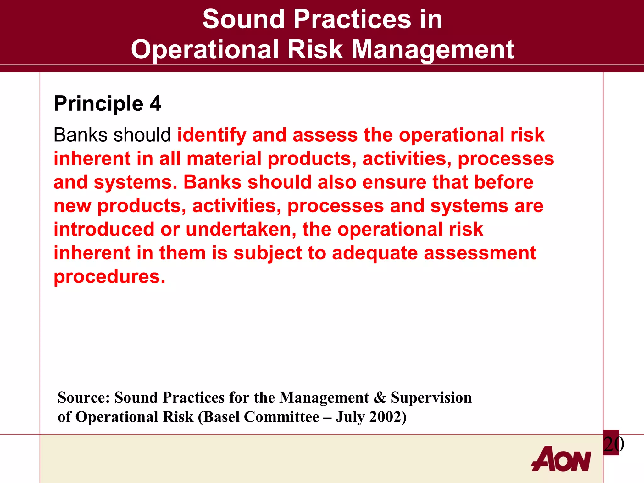 Sound Practices in
Operational Risk Management
Principle 4
Banks should identify and assess the operational risk
inherent in all material products, activities, processes
and systems. Banks should also ensure that before
new products, activities, processes and systems are
introduced or undertaken, the operational risk
inherent in them is subject to adequate assessment
procedures.

Source: Sound Practices for the Management & Supervision
of Operational Risk (Basel Committee – July 2002)

20

 