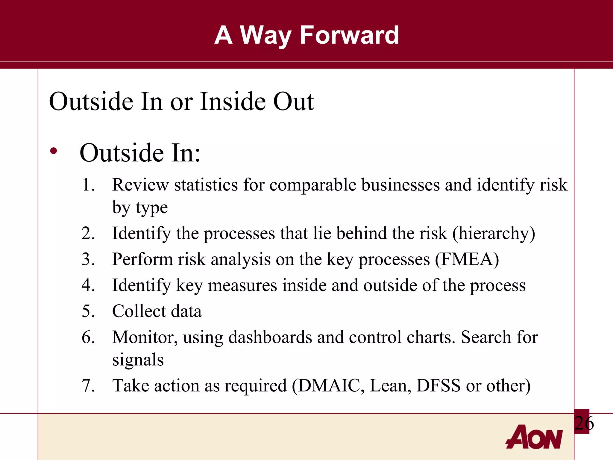 A Way Forward

Outside In or Inside Out
• Outside In:
1. Review statistics for comparable businesses and identify risk
by type
2. Identify the processes that lie behind the risk (hierarchy)
3. Perform risk analysis on the key processes (FMEA)
4. Identify key measures inside and outside of the process
5. Collect data
6. Monitor, using dashboards and control charts. Search for
signals
7. Take action as required (DMAIC, Lean, DFSS or other)

26

 