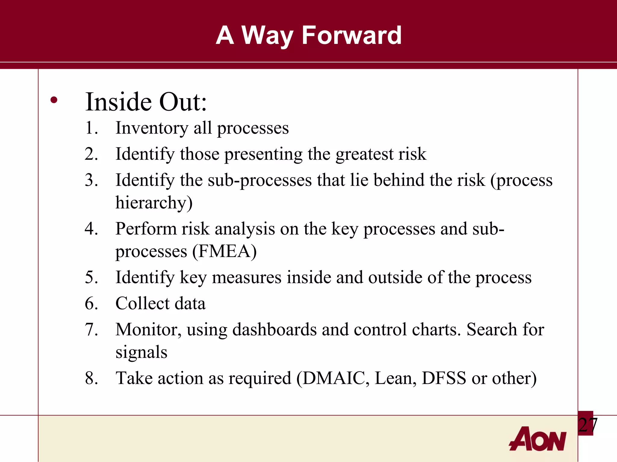 A Way Forward

• Inside Out:
1. Inventory all processes
2. Identify those presenting the greatest risk
3. Identify the sub-processes that lie behind the risk (process
hierarchy)
4. Perform risk analysis on the key processes and subprocesses (FMEA)
5. Identify key measures inside and outside of the process
6. Collect data
7. Monitor, using dashboards and control charts. Search for
signals
8. Take action as required (DMAIC, Lean, DFSS or other)

27

 