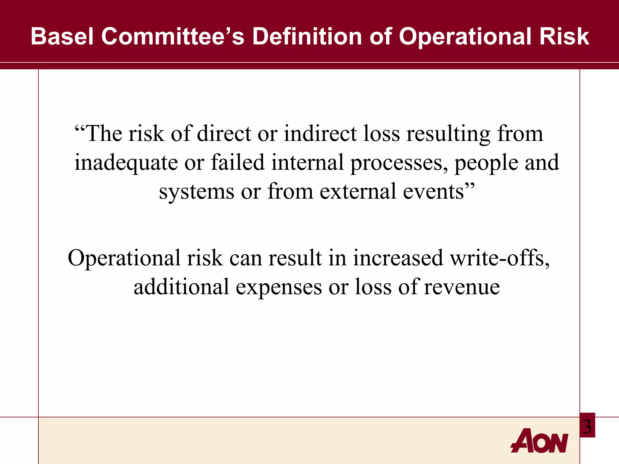 Basel Committee’s Definition of Operational Risk

“The risk of direct or indirect loss resulting from
inadequate or failed internal processes, people and
systems or from external events”
Operational risk can result in increased write-offs,
additional expenses or loss of revenue

3

 