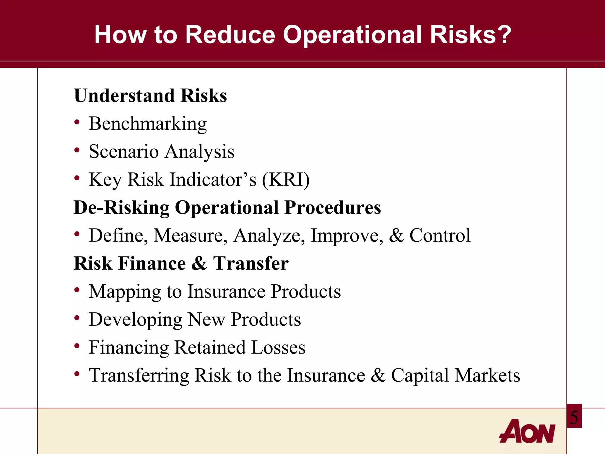 How to Reduce Operational Risks?
Understand Risks
• Benchmarking
• Scenario Analysis
• Key Risk Indicator’s (KRI)
De-Risking Operational Procedures
• Define, Measure, Analyze, Improve, & Control
Risk Finance & Transfer
• Mapping to Insurance Products
• Developing New Products
• Financing Retained Losses
• Transferring Risk to the Insurance & Capital Markets
5

 