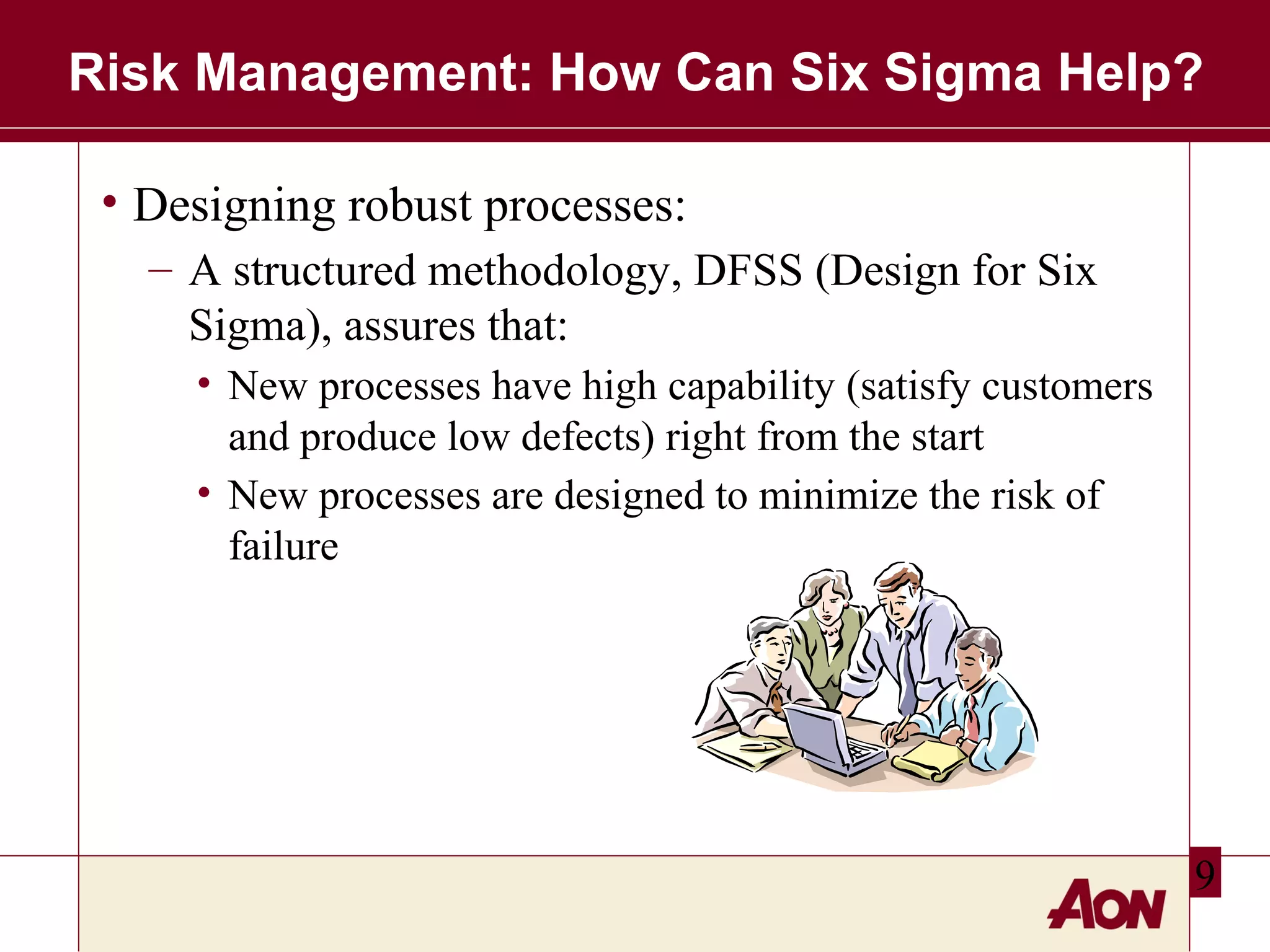 Risk Management: How Can Six Sigma Help?
• Designing robust processes:
– A structured methodology, DFSS (Design for Six
Sigma), assures that:
• New processes have high capability (satisfy customers
and produce low defects) right from the start
• New processes are designed to minimize the risk of
failure

9

 