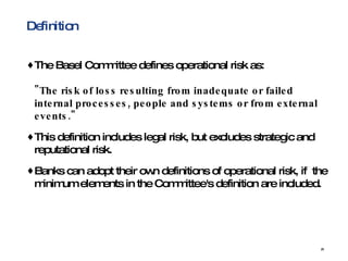 Definition The Basel Committee defines operational risk as: "The risk of loss resulting from inadequate or failed internal processes, people and systems or from external events." This definition includes legal risk, but excludes strategic and reputational risk.  Banks can adopt their own definitions of operational risk, if  the minimum elements in the Committee's definition are included. 