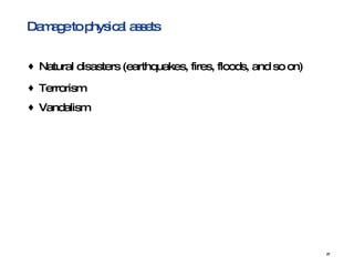 Damage to physical assets Natural disasters (earthquakes, fires, floods, and so on)  Terrorism  Vandalism   
