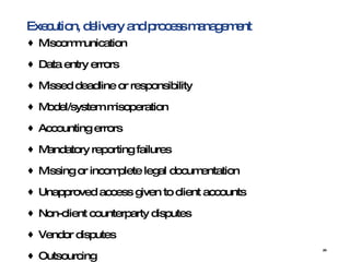 Execution, delivery and process management Miscommunication  Data entry errors  Missed deadline or responsibility  Model/system misoperation  Accounting errors  Mandatory reporting failures  Missing or incomplete legal documentation  Unapproved access given to client accounts  Non-client counterparty disputes  Vendor disputes  Outsourcing 