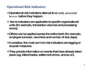 Operational Risk Indicators Operational risk indicators attempt to  identify potential losses  before they happen. Some indicators are applicable to specific organizational units (for example, transaction volumes and processing errors). Others can be applied across the entire bank (for example, employee turnover, new hires and number of sick days).  In practice, the most common risk indicators are lagging or ex-post measures.  They provide information on events that have already taken place (eg, failed trades, settlement errors, and so on).  
