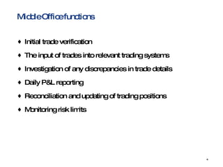 Middle Office functions Initial trade verification  The input of trades into relevant trading systems  Investigation of any discrepancies in trade details  Daily P&L reporting  Reconciliation and updating of trading positions  Monitoring risk limits  