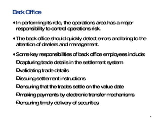 Back Office In performing its role, the operations area has a major responsibility to control operations risk. The back office should quickly detect errors and bring to the attention of dealers and management.  Some key responsibilities of back office employees include:  capturing trade details in the settlement system  validating trade details  issuing settlement instructions  ensuring that the trades settle on the value date  making payments by electronic transfer mechanisms  ensuring timely delivery of securities  