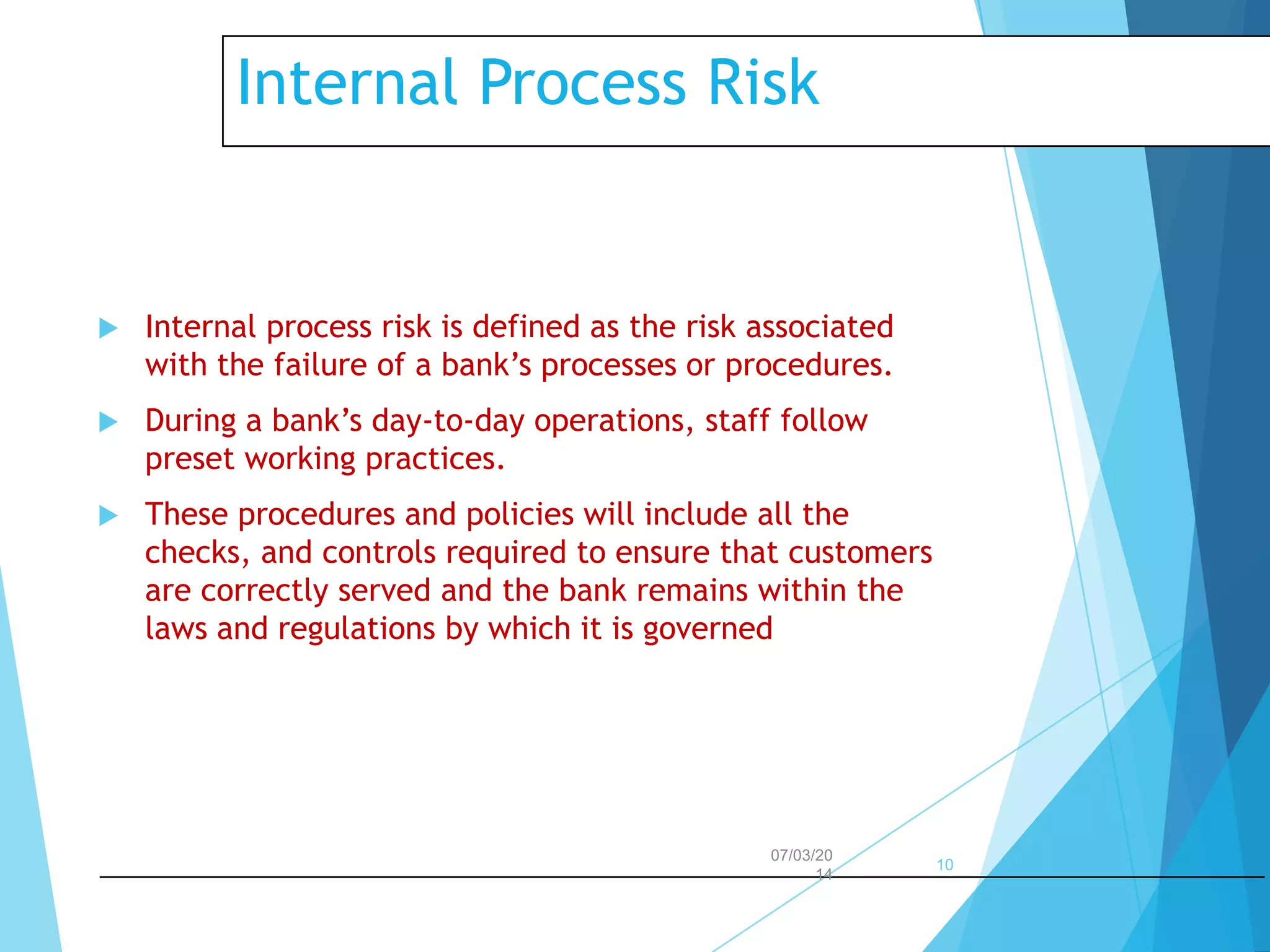 Internal Process Risk



Internal process risk is defined as the risk associated
with the failure of a bank’s processes or procedures.



During a bank’s day-to-day operations, staff follow
preset working practices.



These procedures and policies will include all the
checks, and controls required to ensure that customers
are correctly served and the bank remains within the
laws and regulations by which it is governed

07/03/20
14

10

 