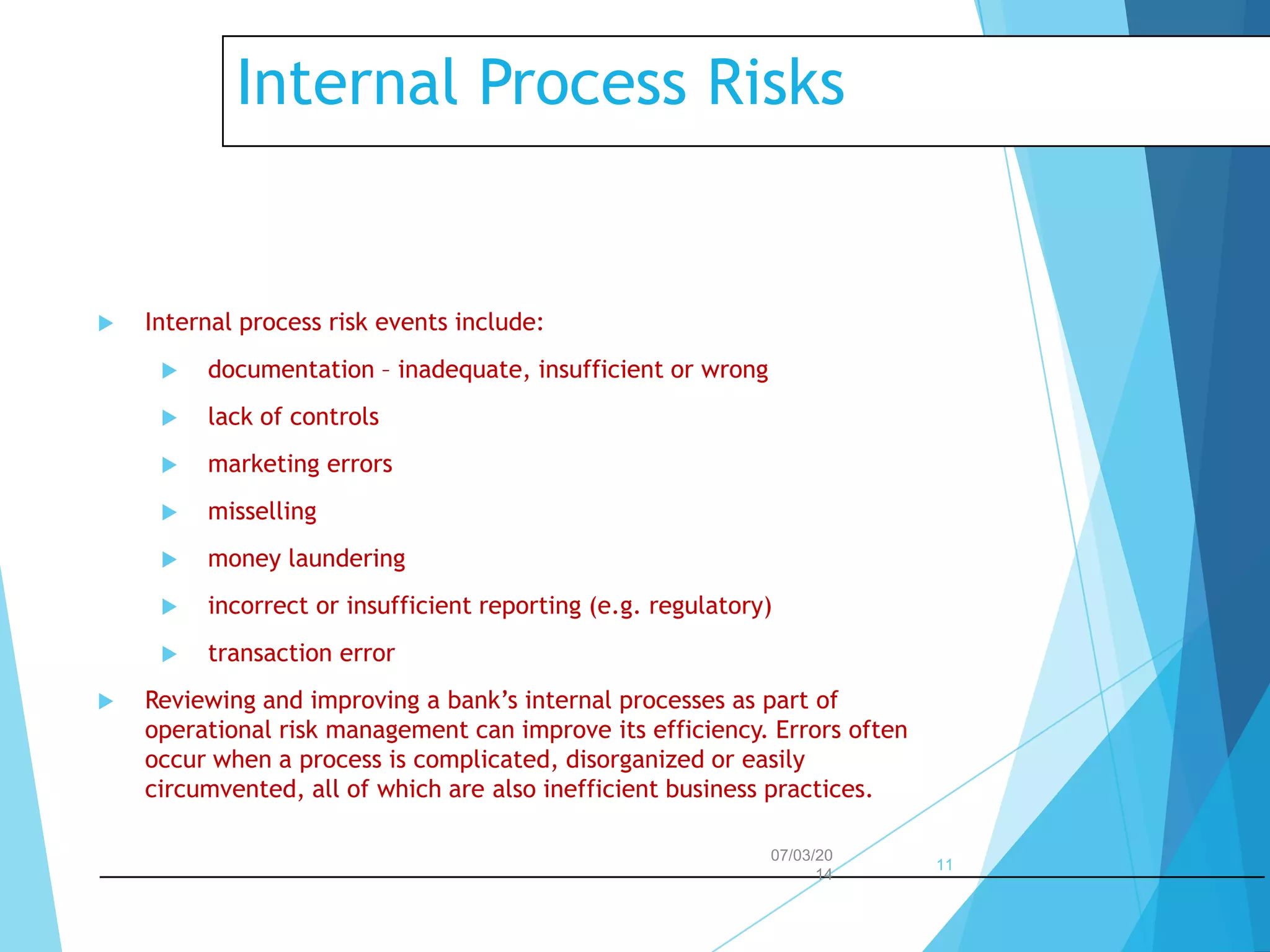 Internal Process Risks



Internal process risk events include:



lack of controls



marketing errors



misselling



money laundering



incorrect or insufficient reporting (e.g. regulatory)




documentation – inadequate, insufficient or wrong

transaction error

Reviewing and improving a bank’s internal processes as part of
operational risk management can improve its efficiency. Errors often
occur when a process is complicated, disorganized or easily
circumvented, all of which are also inefficient business practices.
07/03/20
14

11

 