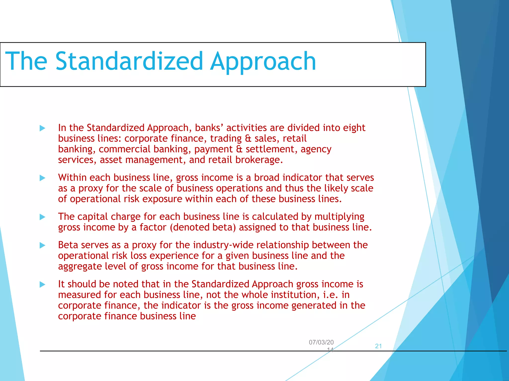 The Standardized Approach


In the Standardized Approach, banks’ activities are divided into eight
business lines: corporate finance, trading & sales, retail
banking, commercial banking, payment & settlement, agency
services, asset management, and retail brokerage.



Within each business line, gross income is a broad indicator that serves
as a proxy for the scale of business operations and thus the likely scale
of operational risk exposure within each of these business lines.



The capital charge for each business line is calculated by multiplying
gross income by a factor (denoted beta) assigned to that business line.



Beta serves as a proxy for the industry-wide relationship between the
operational risk loss experience for a given business line and the
aggregate level of gross income for that business line.



It should be noted that in the Standardized Approach gross income is
measured for each business line, not the whole institution, i.e. in
corporate finance, the indicator is the gross income generated in the
corporate finance business line
07/03/20
14

21

 