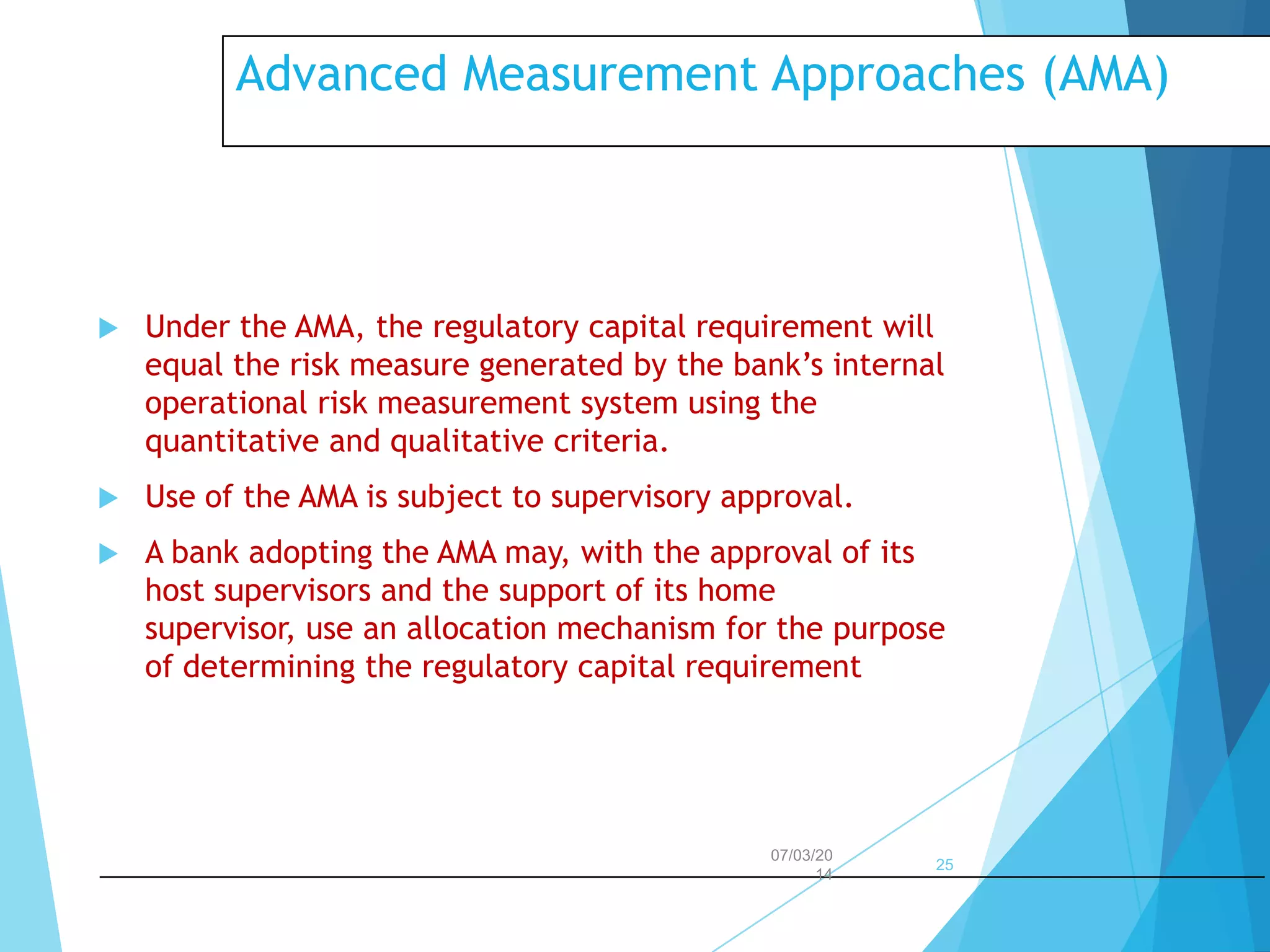 Advanced Measurement Approaches (AMA)



Under the AMA, the regulatory capital requirement will
equal the risk measure generated by the bank’s internal
operational risk measurement system using the
quantitative and qualitative criteria.



Use of the AMA is subject to supervisory approval.



A bank adopting the AMA may, with the approval of its
host supervisors and the support of its home
supervisor, use an allocation mechanism for the purpose
of determining the regulatory capital requirement

07/03/20
14

25

 