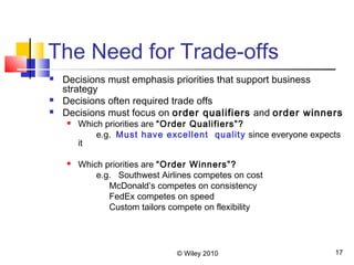 © Wiley 2010 17
The Need for Trade-offs
 Decisions must emphasis priorities that support business
strategy
 Decisions often required trade offs
 Decisions must focus on order qualifiers and order winners
 Which priorities are “Order Qualifiers”?
e.g. Must have excellent quality since everyone expects
it
 Which priorities are “Order Winners”?
e.g. Southwest Airlines competes on cost
McDonald’s competes on consistency
FedEx competes on speed
Custom tailors compete on flexibility
 